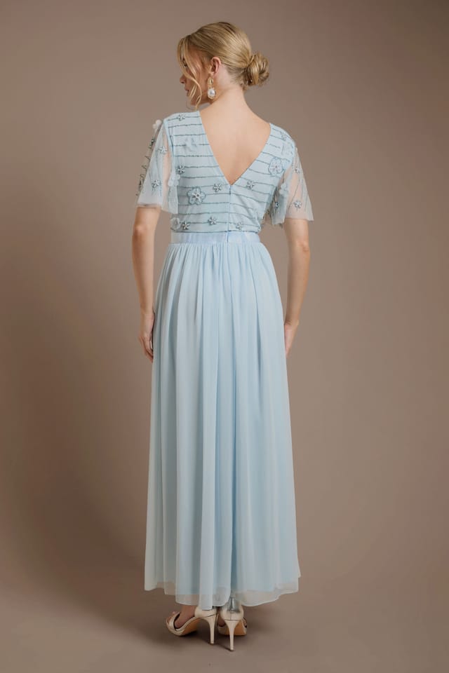 Oasis Oasis Women's Petite Floral Embellished Mesh Angel Sleeve Maxi Dress in Dusty Blue - 3