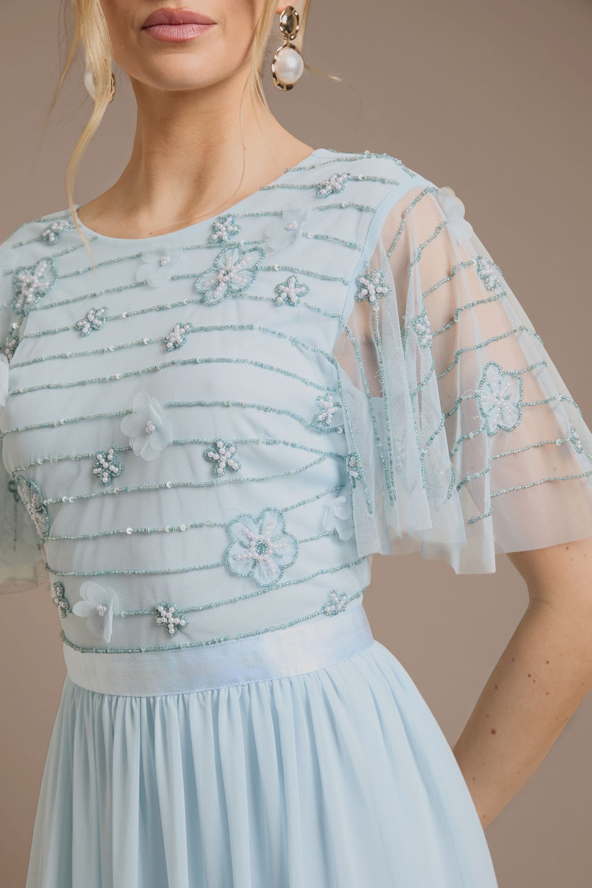 Oasis Oasis Women's Petite Floral Embellished Mesh Angel Sleeve Maxi Dress in Dusty Blue - 4