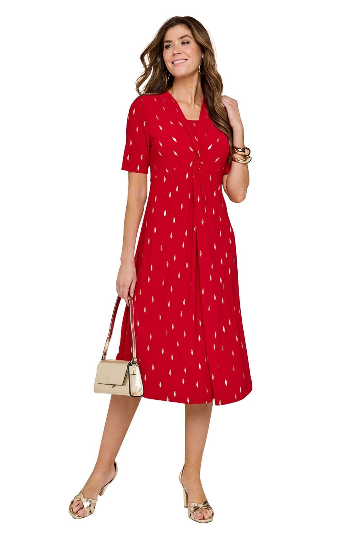 Amber Amber Women's Foil Pattern Print Dress with Modesty Panel in Red