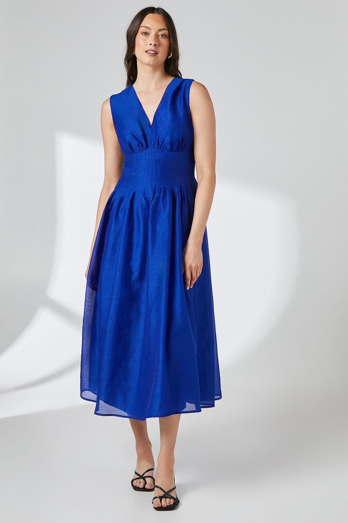 Principles Principles Women's Pleat Detail V Neck Organza Midi Dress in Blue