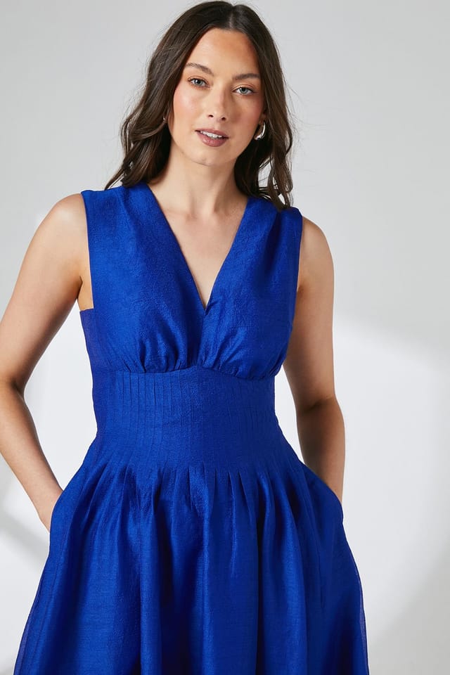 Principles Principles Women's Pleat Detail V Neck Organza Midi Dress in Blue - 2