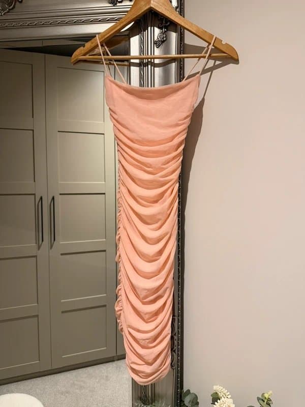 Oh Polly Pink mesh ruched midi dress