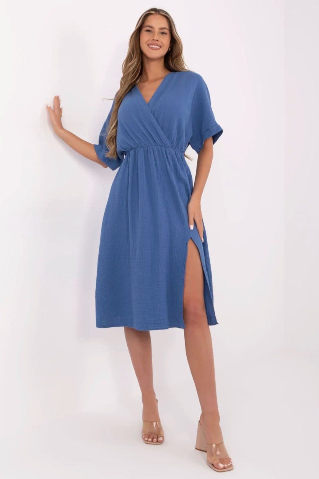 Love Lace Love Lace Women's Airy Cotton Muslin Midi Wrap Summer Dress in Blue