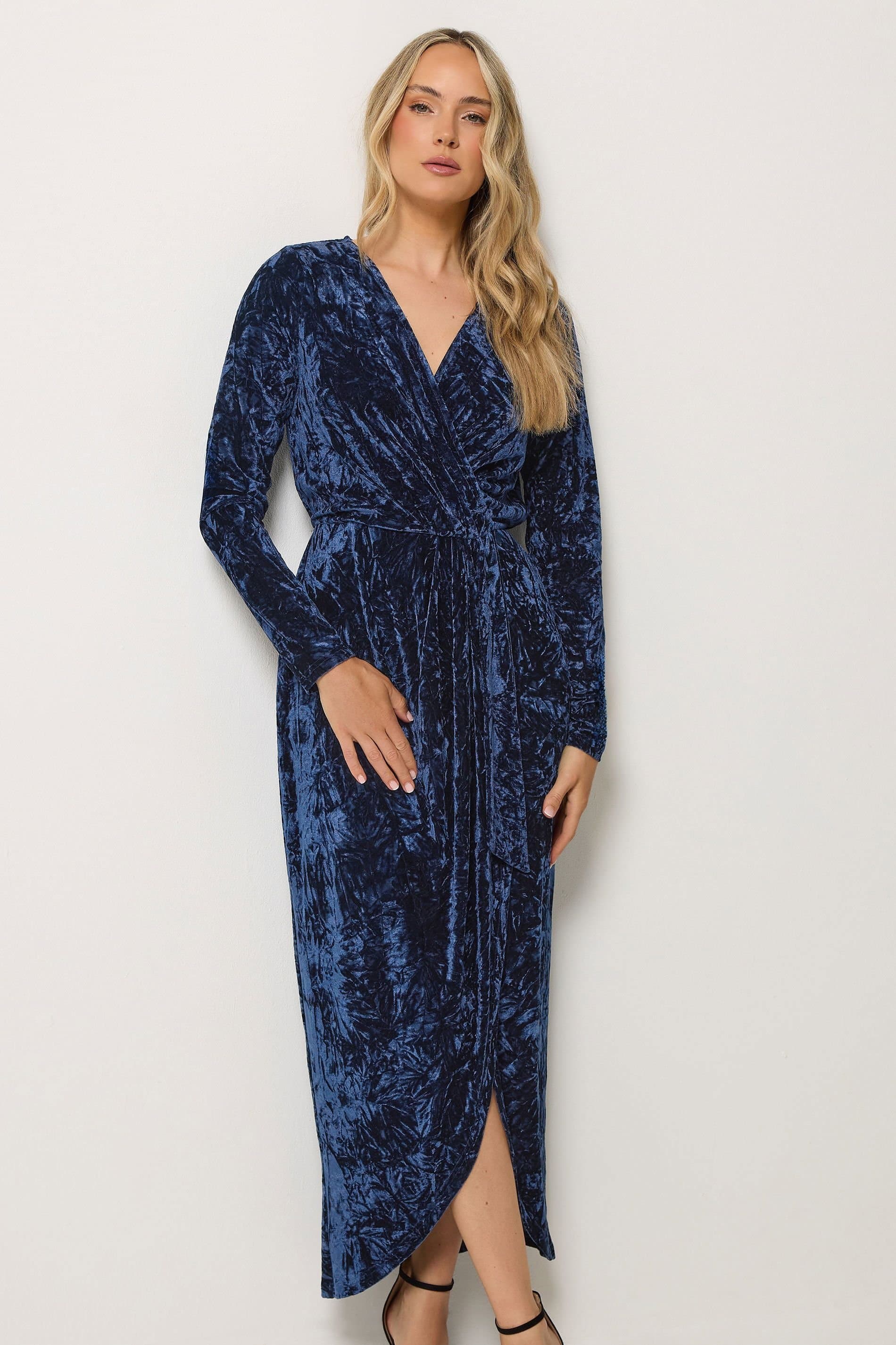 Long Tall Sally Long Tall Sally Women's Tall Crushed Velvet Wrap Midi Dress in Mid Navy