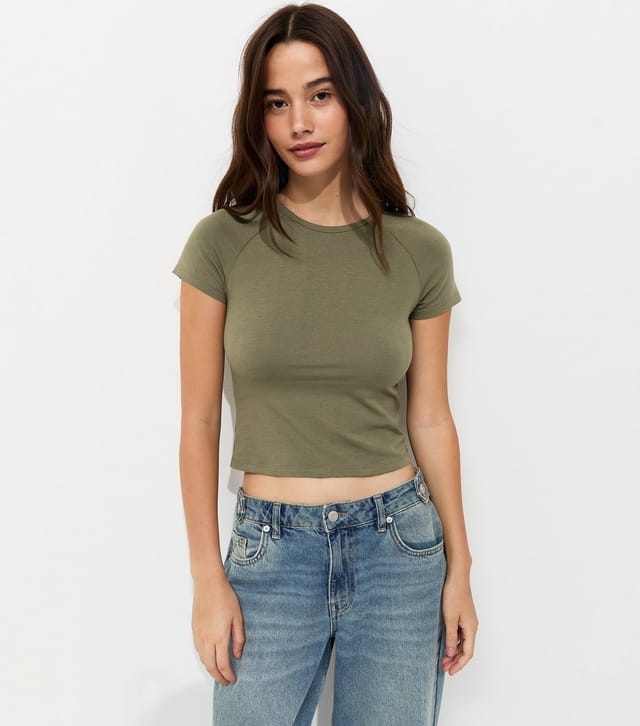 New Look Women's Dark Khaki Cotton Rich Raglan Sleeve Baby Tee New Look - 2