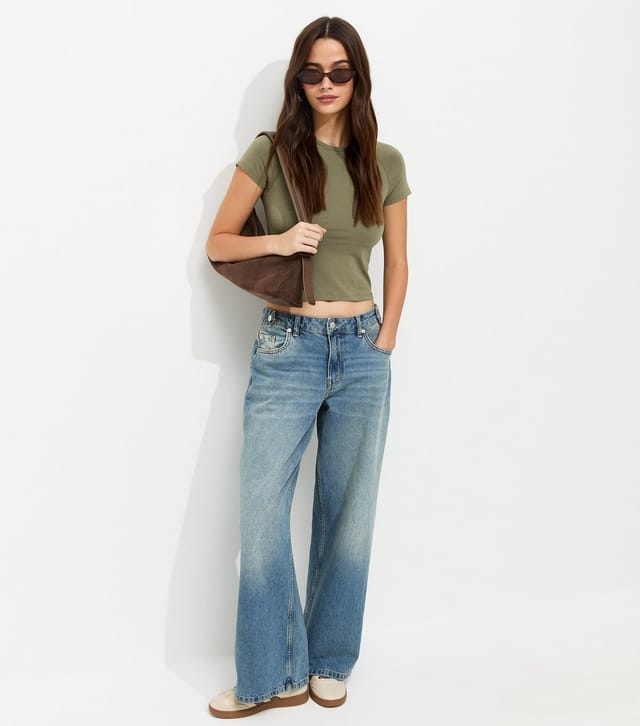 New Look Women's Dark Khaki Cotton Rich Raglan Sleeve Baby Tee New Look - 3