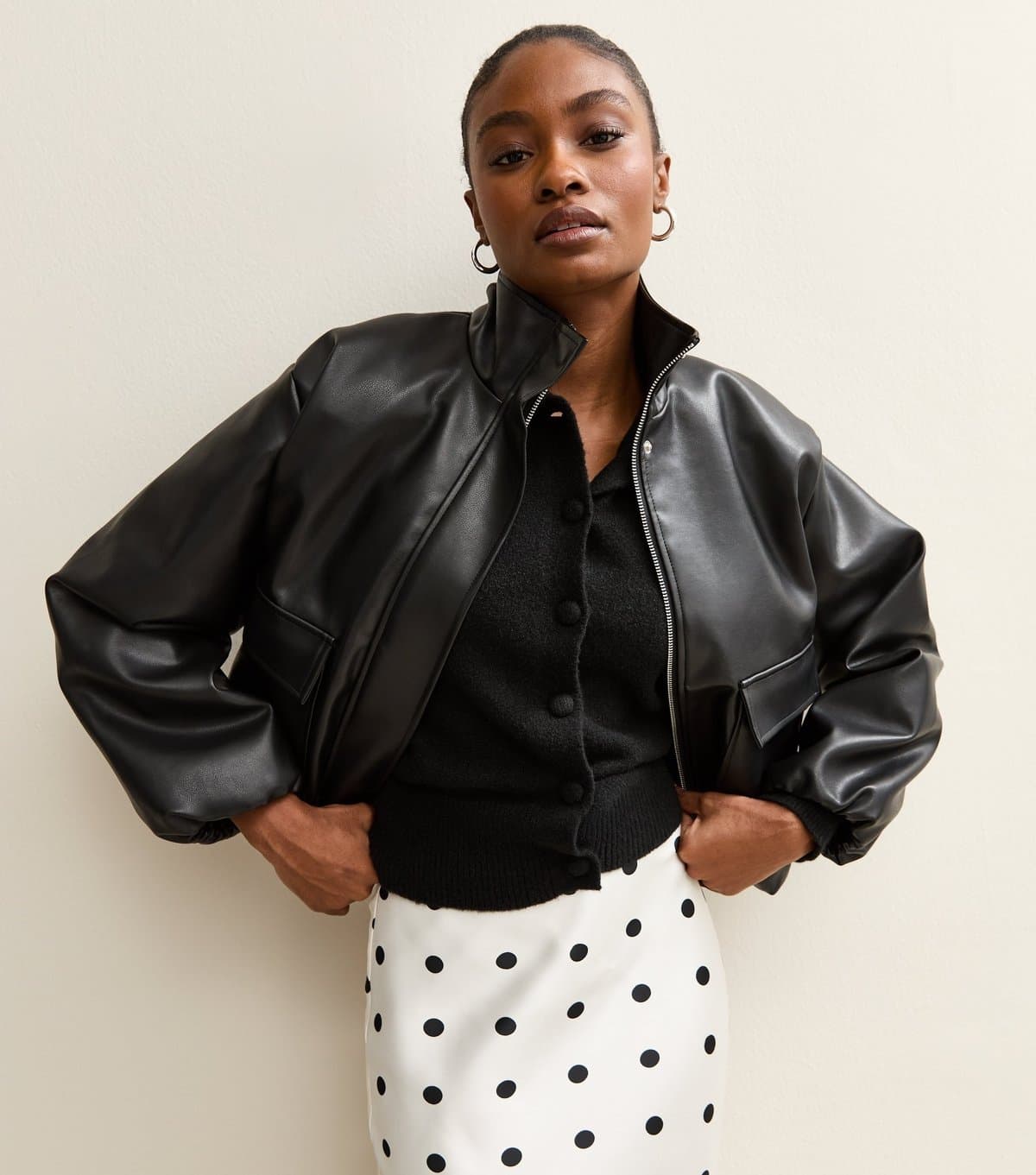 New Look Women's Black Faux Leather Funnel Neck Bomber Jacket New Look