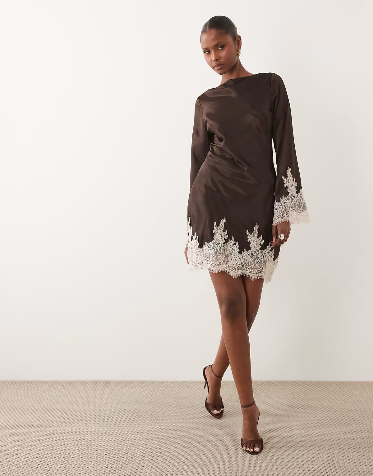 ASOS TFNC satin slash neck long sleeve lace detail mini dress in chocolate - 1