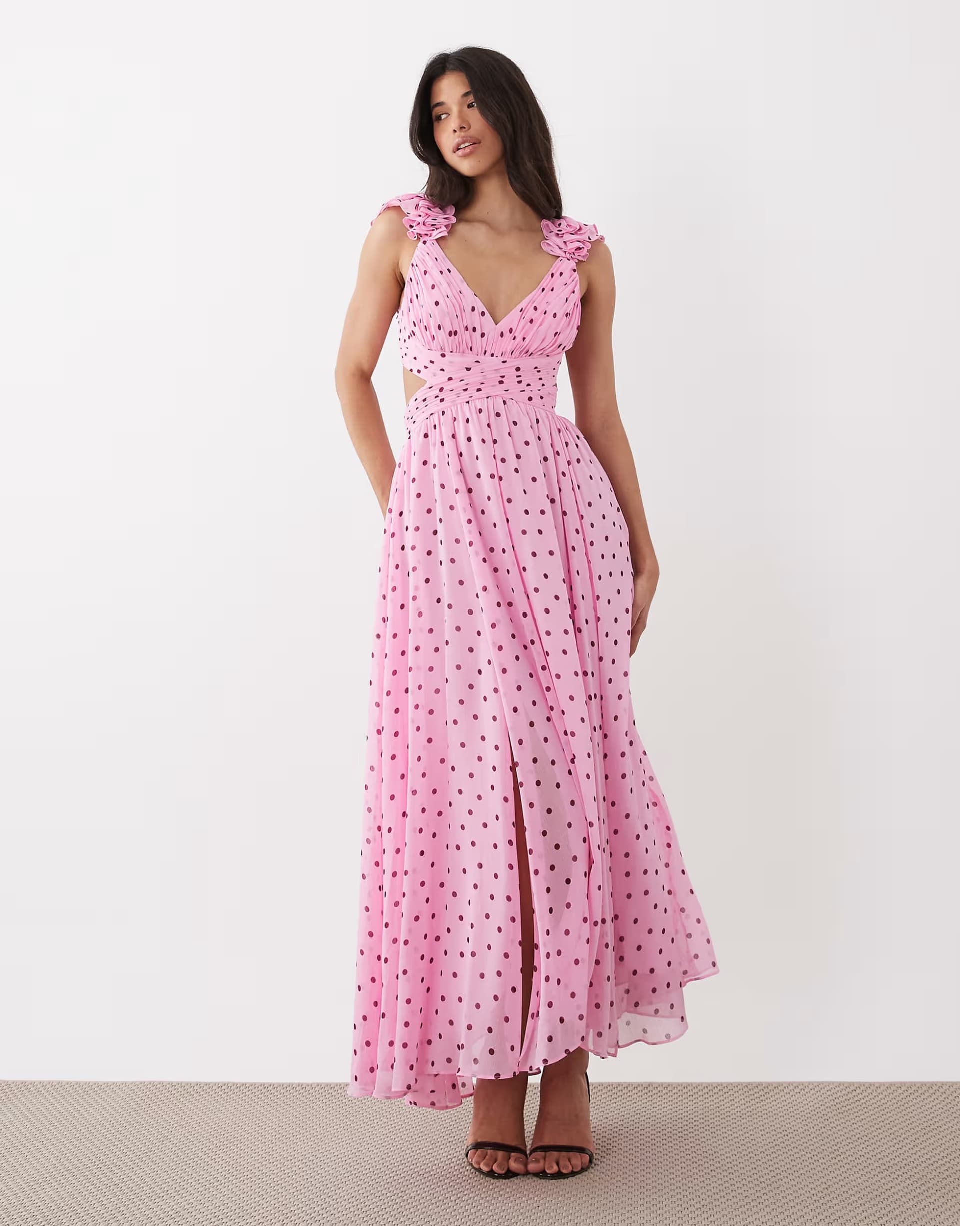 ASOS Forever New chiffon ruffle shoulder maxi dress in pink polka dot