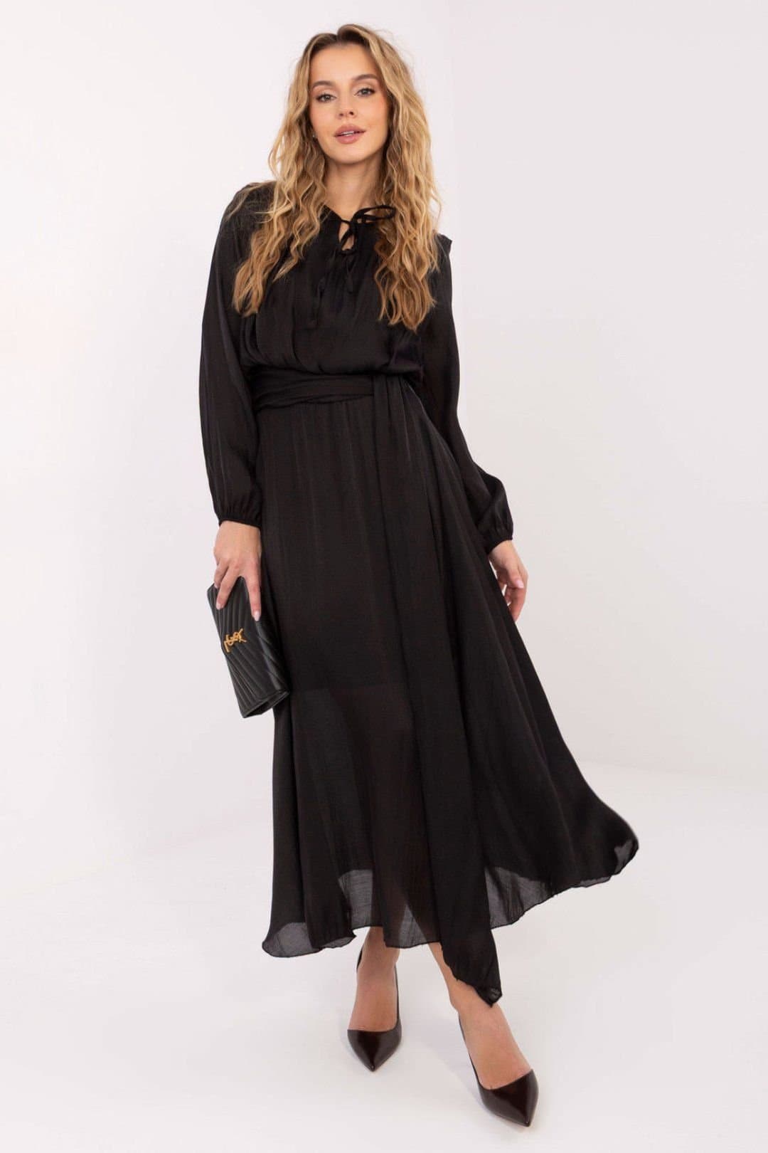 Love Lace Love Lace Women's Lyocell Flared Maxi Dress with Sash Tie in Black