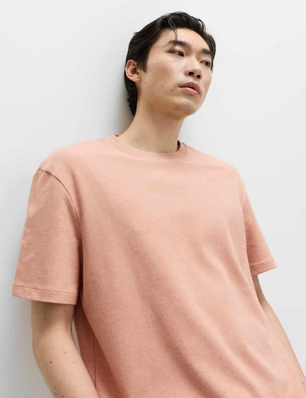 Marks & Spencer M&S Relaxed Fit Cotton Rich Ultimate Performance Striped T-Shirt Burnt Orange