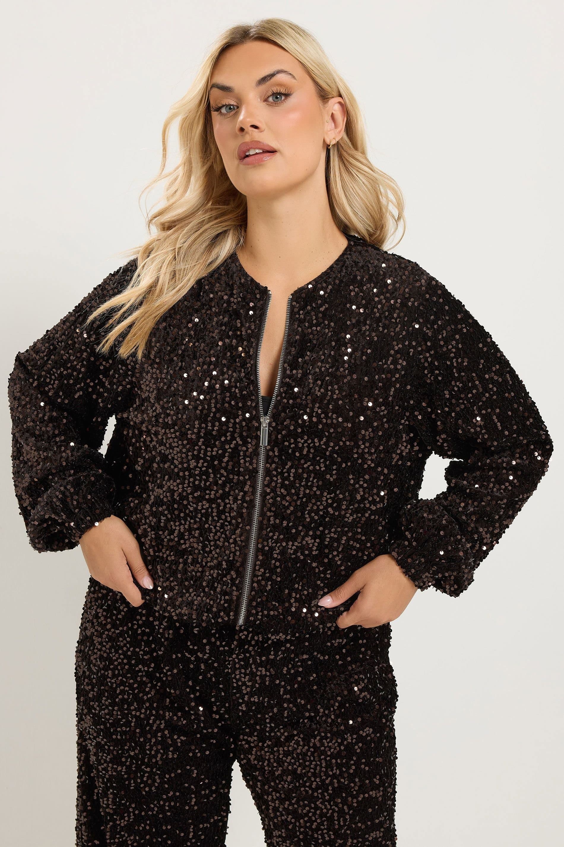 Yours Yours Women's Sequin Bomber Jacket in Chocolate