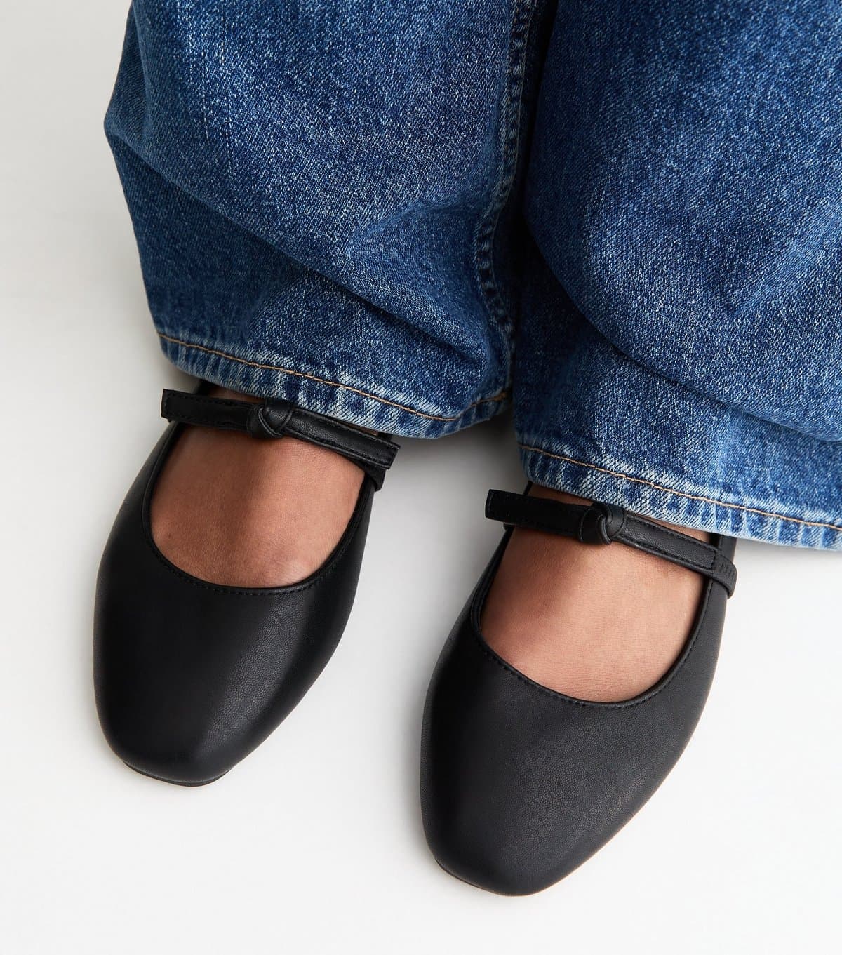 New Look Women's Wide Fit Black Faux Leather Bow Strap Mary Jane Flats Vegan New Look