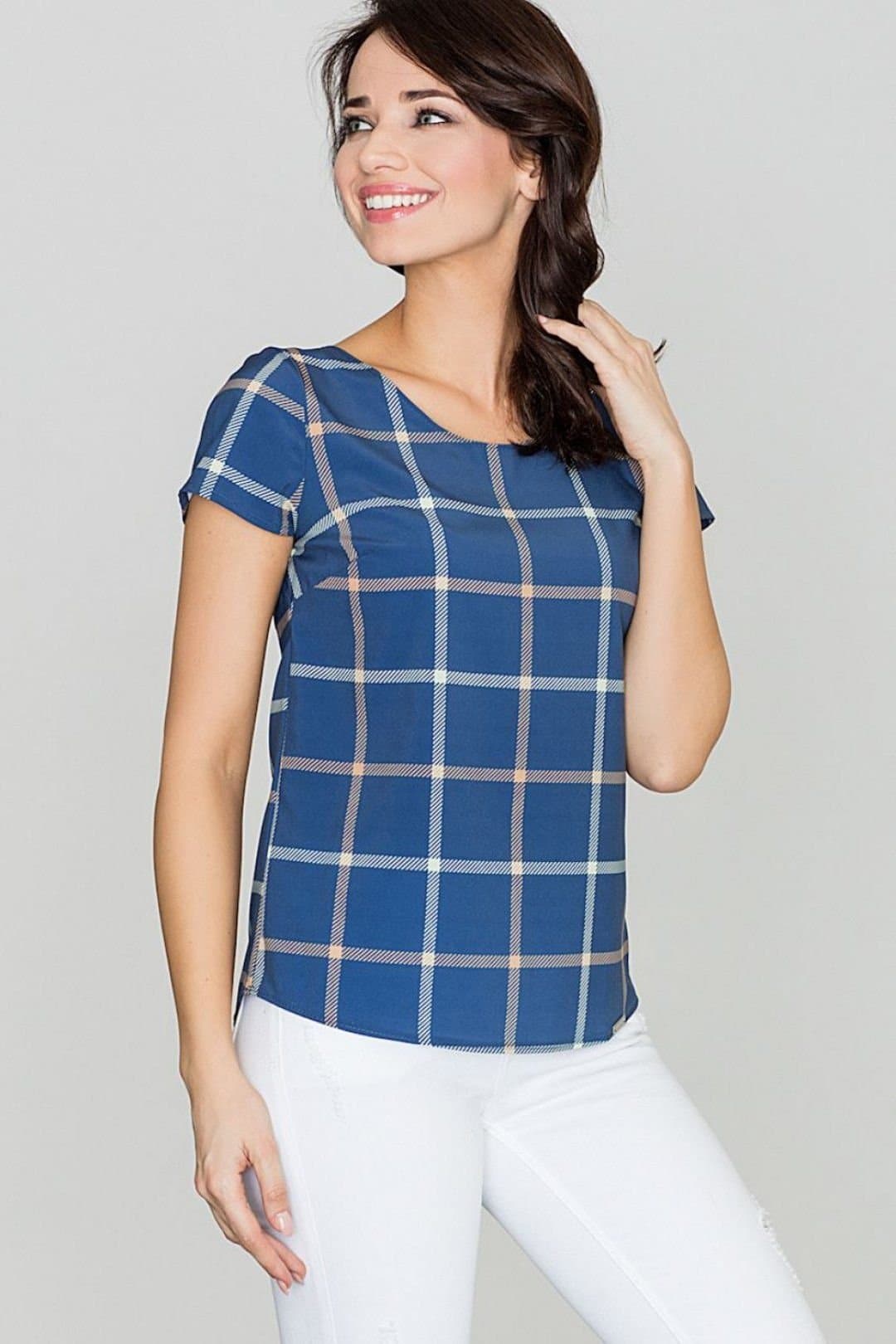 Love Lace Love Lace Women's Loose Short Sleeve Retro Check Blouse Style 114276 in Blue