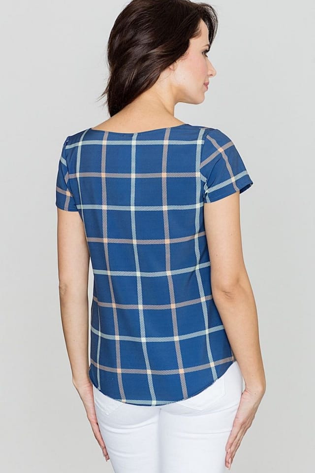 Love Lace Love Lace Women's Loose Short Sleeve Retro Check Blouse Style 114276 in Blue - 2
