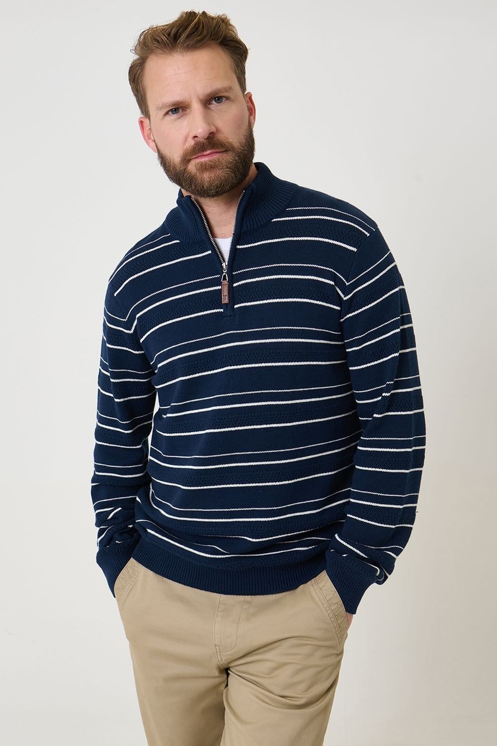 Saltwell Men's Stripe Quarter Zip Jumper in Dark Navy