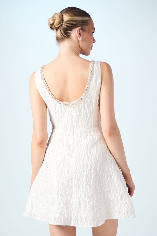 Coast Coast Women's Jacquard Full Skirted Mini Dress With Jewel Trim in Ivory - 3