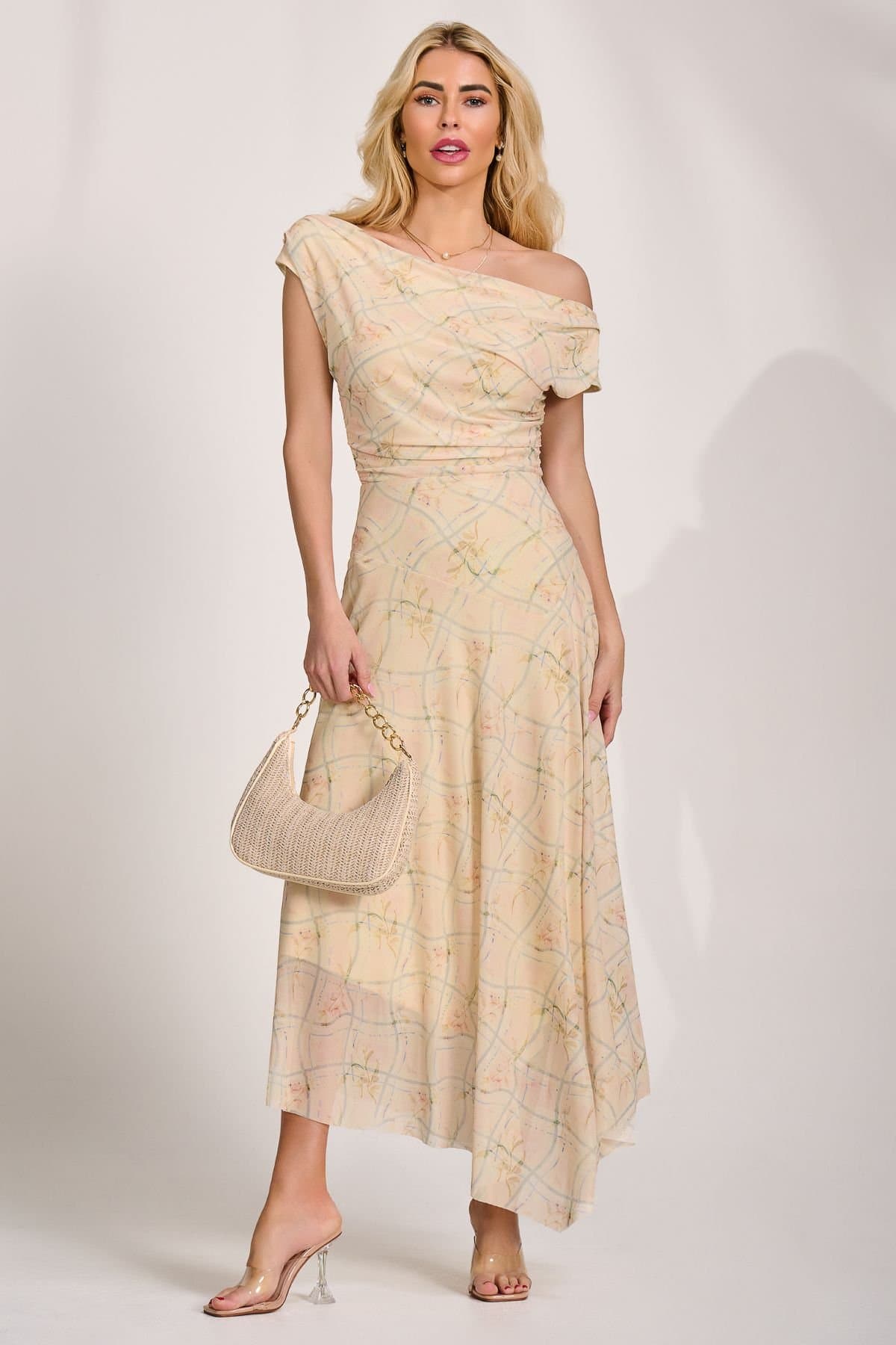 Jolie Moi Jolie Moi Women's Asymmetric Draped Mesh Maxi Dress in Yellow