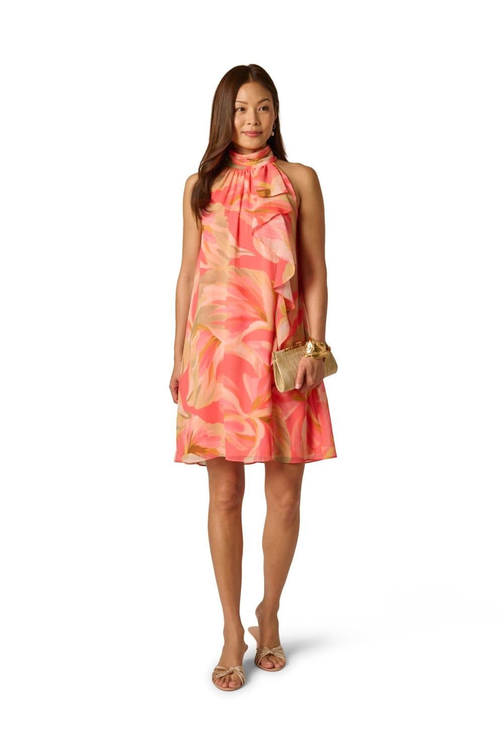 Adrianna Papell Adrianna Papell Women's Halter Trapeze Dress in Coral