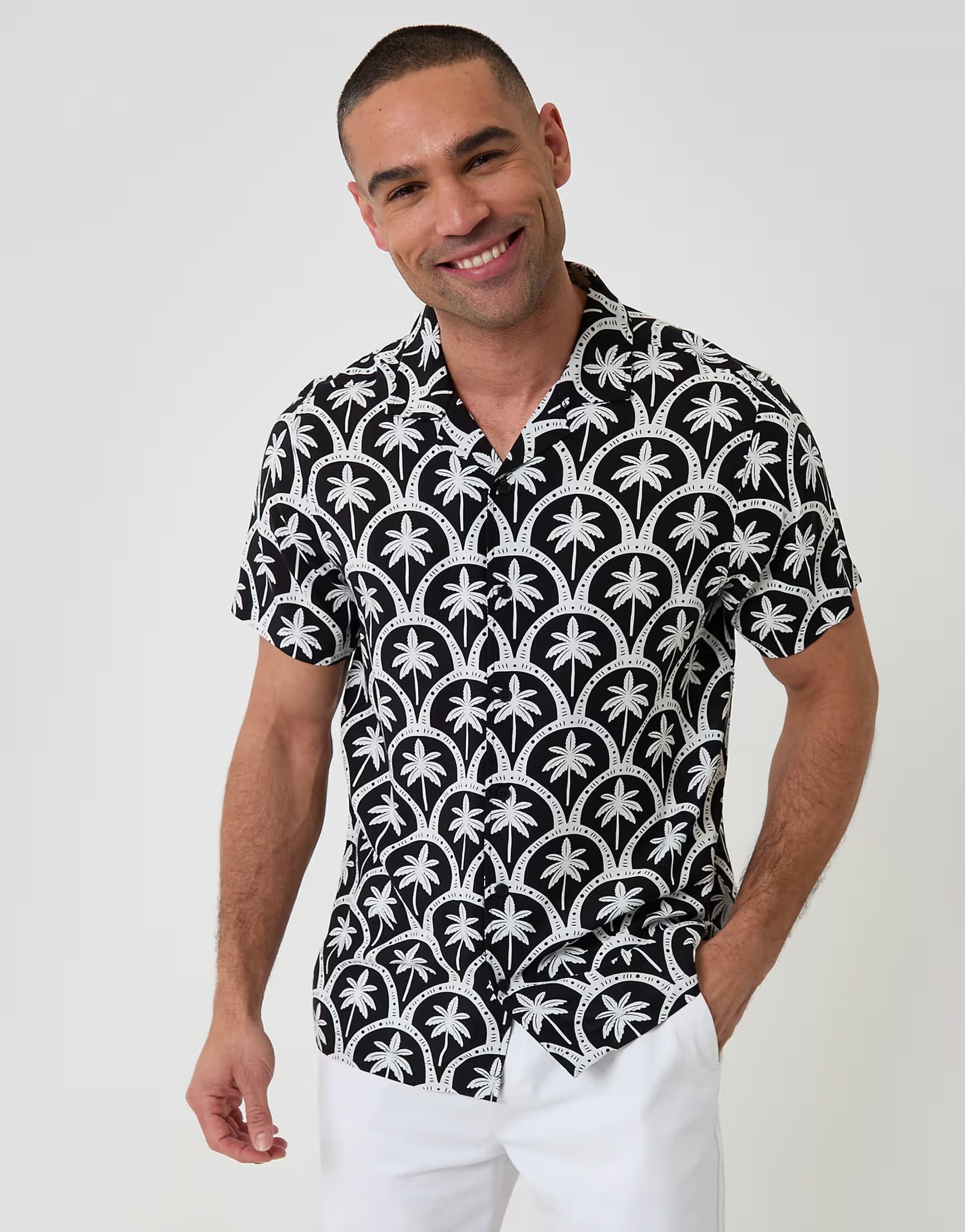 ASOS Threadbare Palm tree print short sleeve shirt in black
