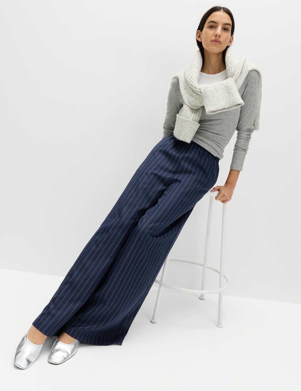 Marks & Spencer M&S Pinstripe Elasticated Waist Wide Leg Trousers Navy Mix