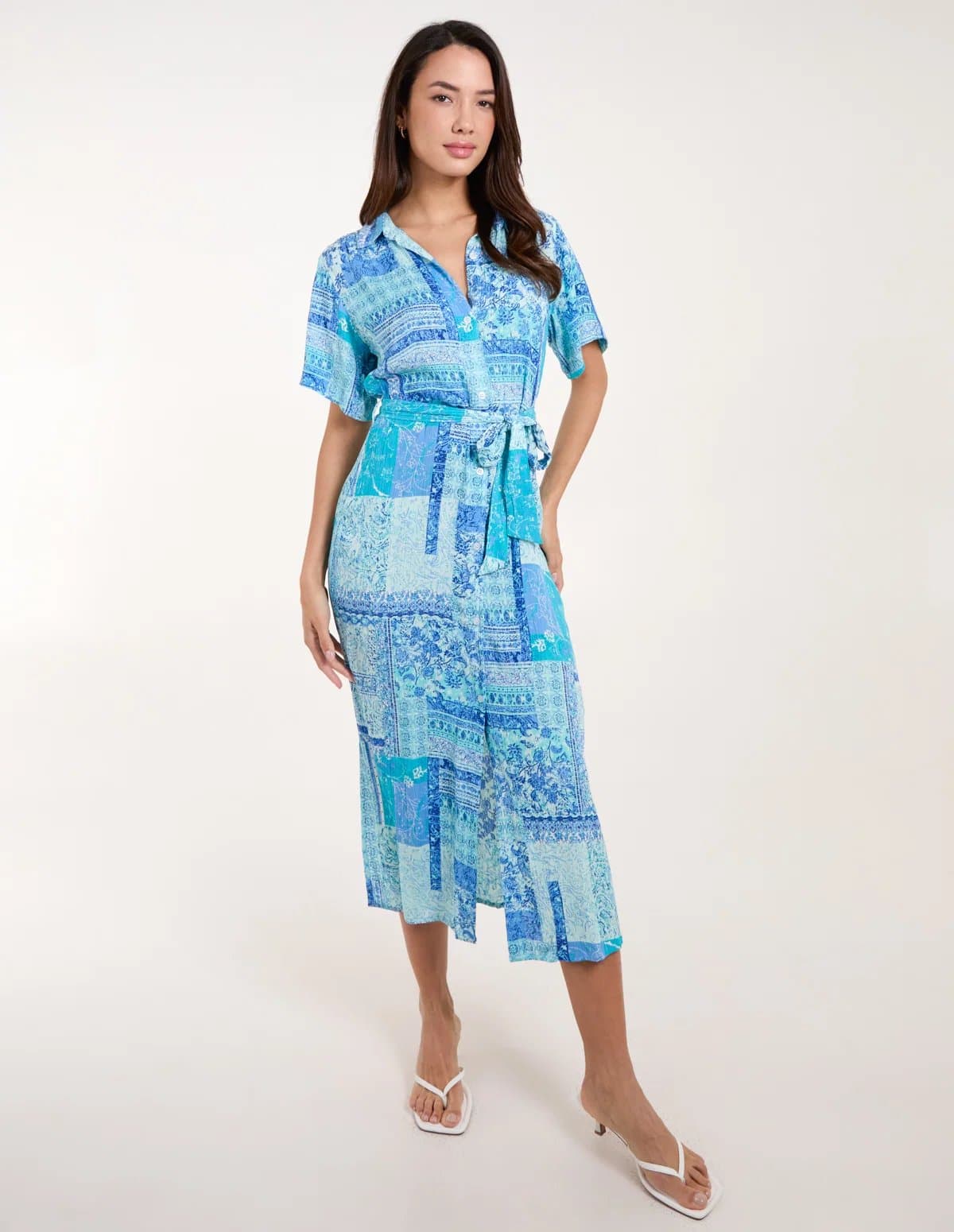 Blue Vanilla Patchwork Button Through Shirt Belted Dress