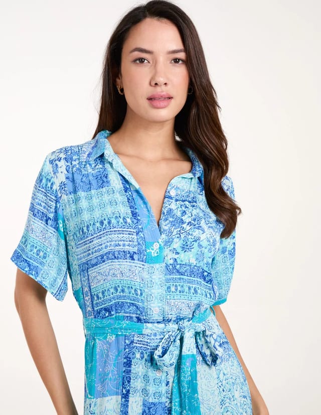 Blue Vanilla Patchwork Button Through Shirt Belted Dress - 2