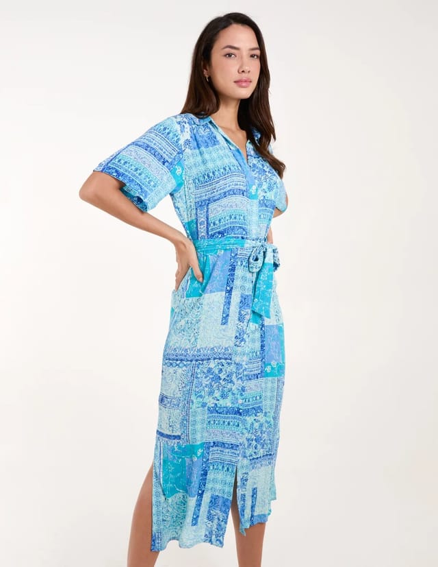 Blue Vanilla Patchwork Button Through Shirt Belted Dress - 3