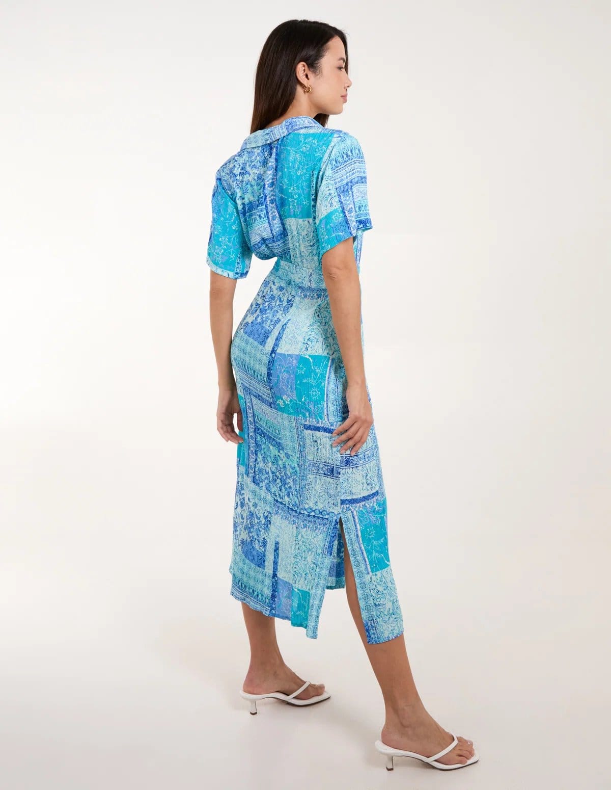 Blue Vanilla Patchwork Button Through Shirt Belted Dress - 4
