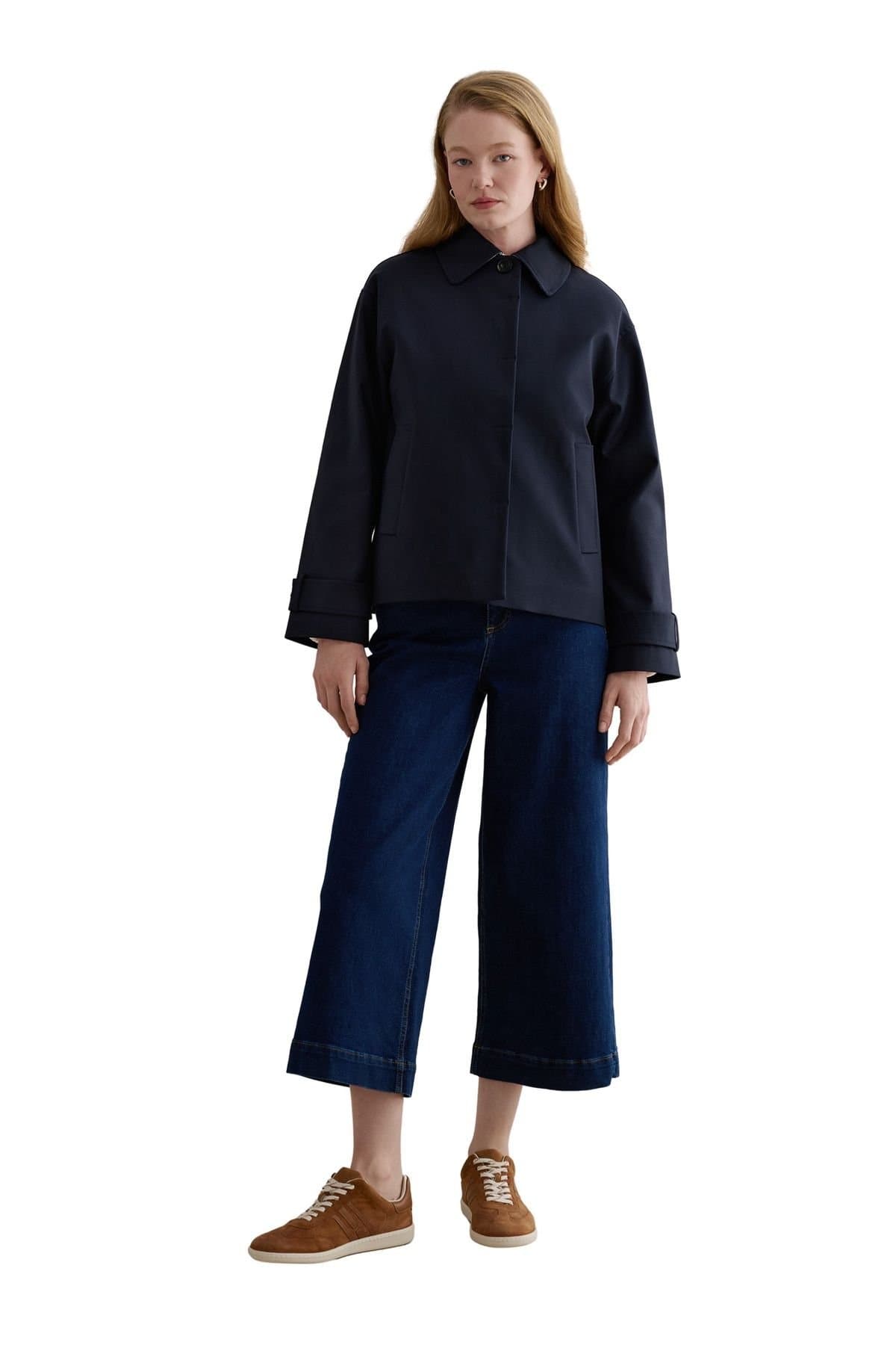 Hobbs London Hobbs London Women's Frida Collared Cropped Trench Coat in Dark Navy