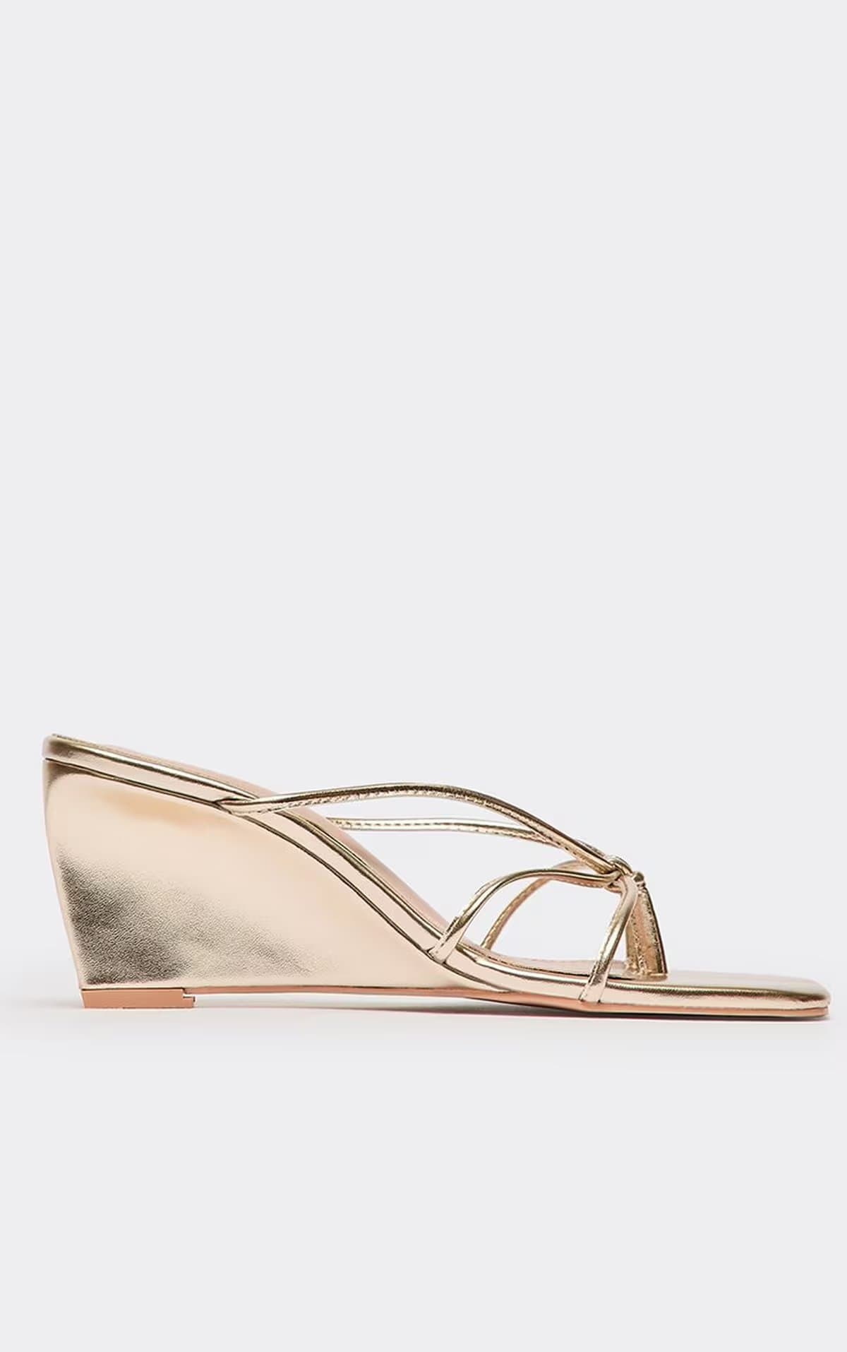EGO Twyla Strappy Wedge Heeled Mule In Gold Faux Leather, Women's Size UK 3