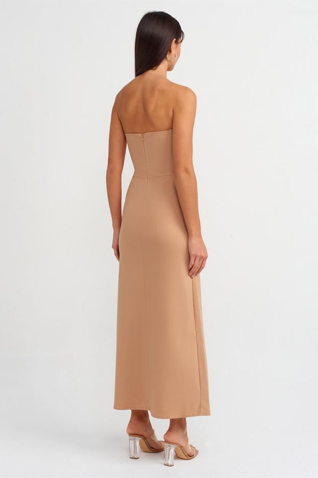 Dilvin Dilvin Women's Strapless Fitted Midi Dress With Slit in Beige - 2
