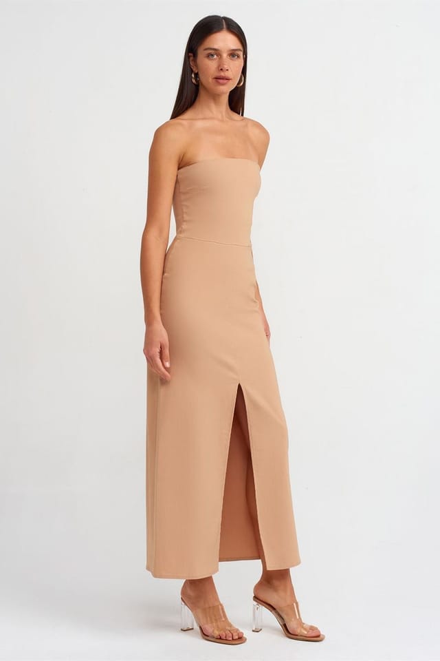 Dilvin Dilvin Women's Strapless Fitted Midi Dress With Slit in Beige - 3