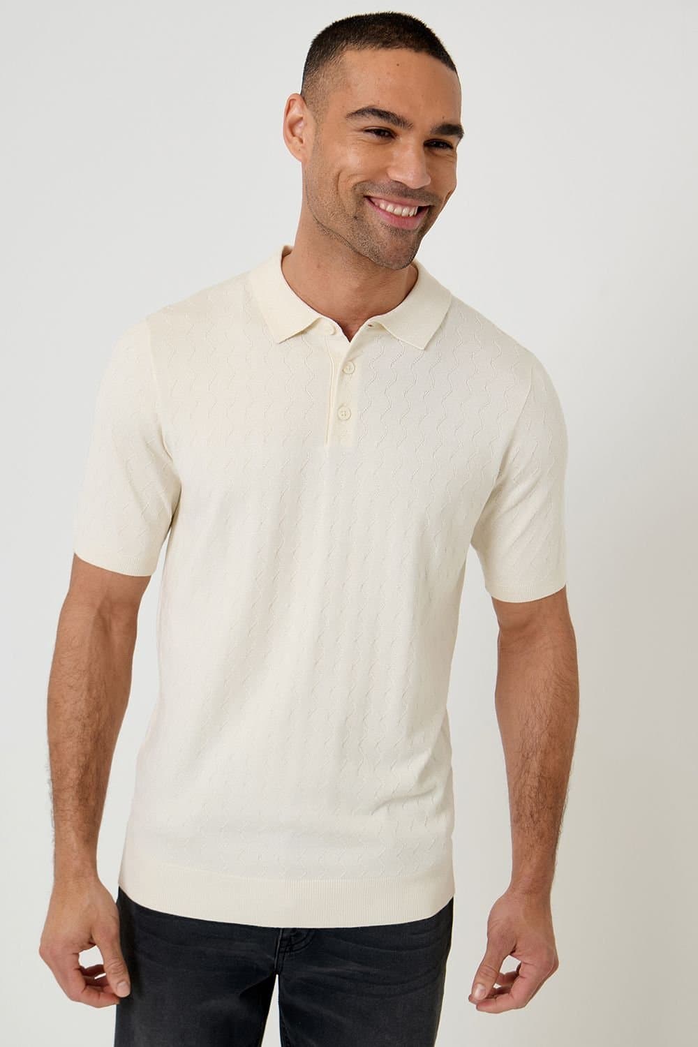 Threadbare threadbare Men's Zig Zag Stitch Knitted Polo in Natural