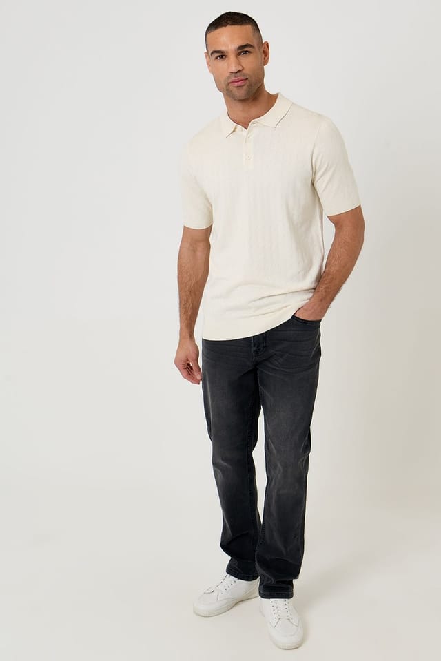 Threadbare threadbare Men's Zig Zag Stitch Knitted Polo in Natural - 3
