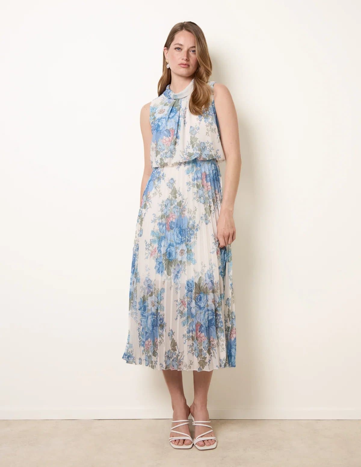 Blue Vanilla Printed Sleeveless Cowl Neck Pleated Dress