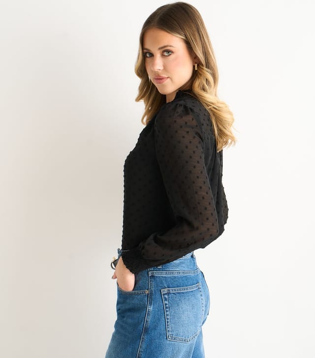Gini London Women's Black Dobby Chiffon Frill Neck Blouse Gini London New Look - 3