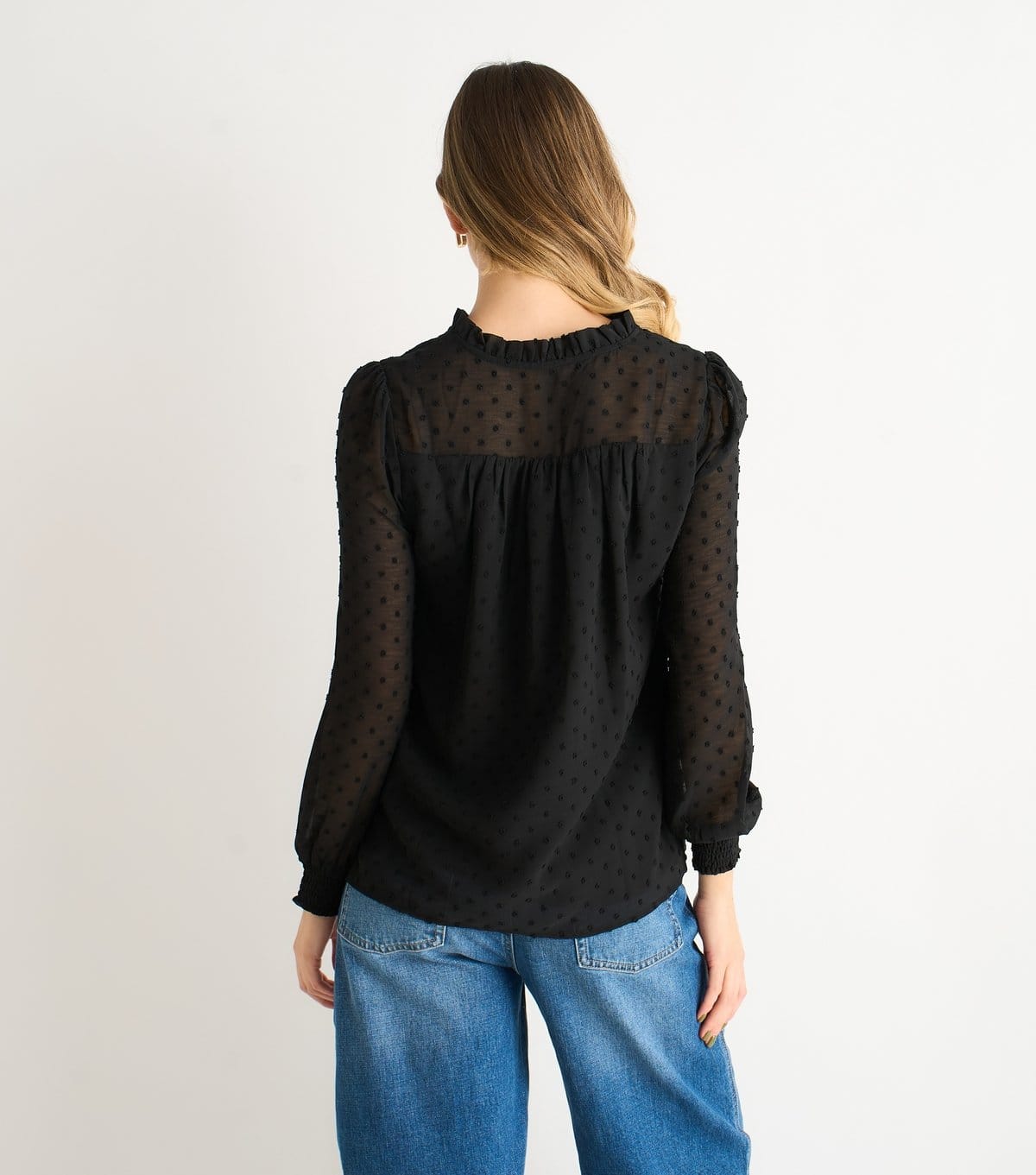 Gini London Women's Black Dobby Chiffon Frill Neck Blouse Gini London New Look - 4