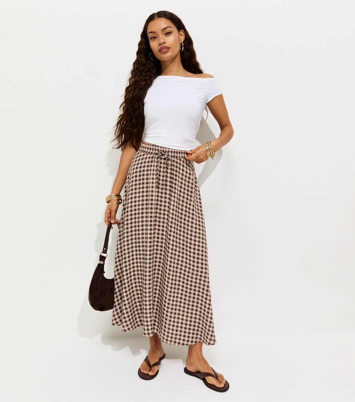 New Look Women's Petite Brown Check Pattern Circle Skirt New Look