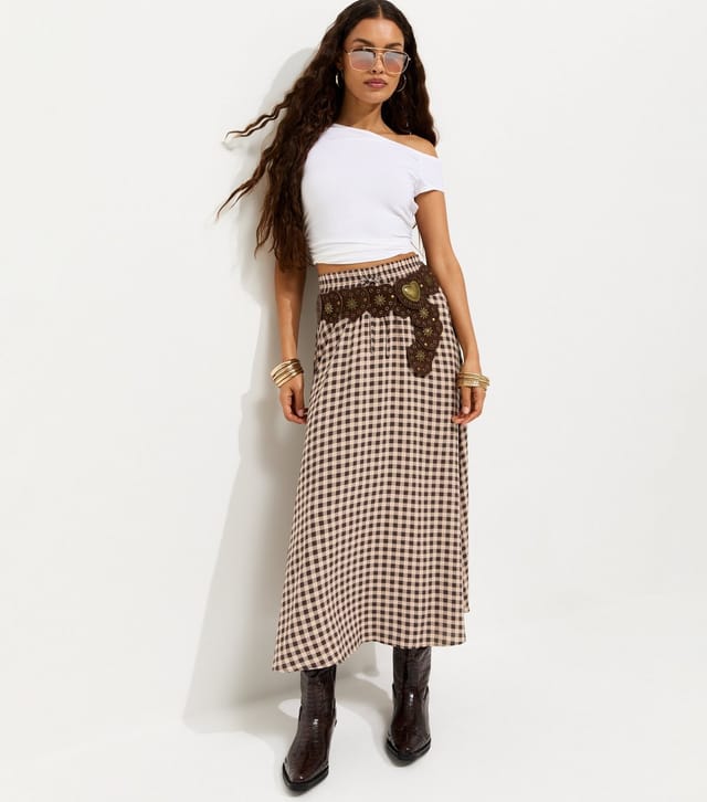 New Look Women's Petite Brown Check Pattern Circle Skirt New Look - 3