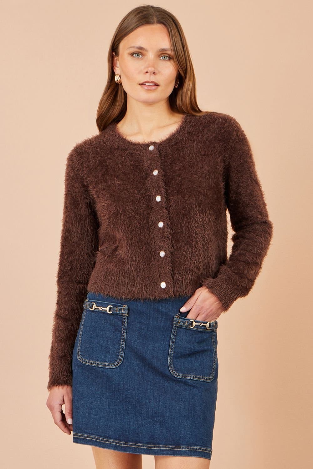 Yumi Yumi Women's Eyelash Knit Cropped Cardigan in Brown