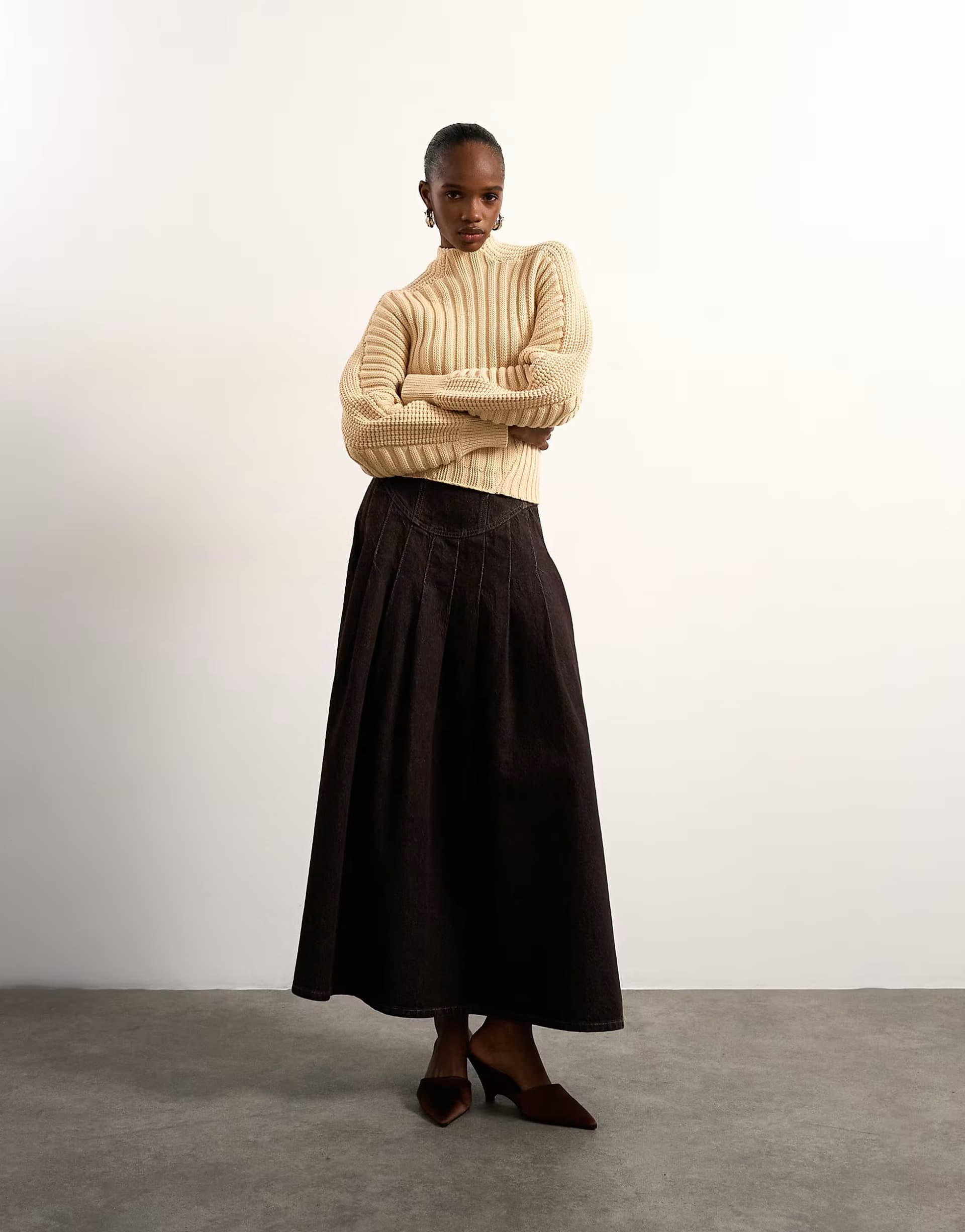 ASOS Tolu Coker x Topshop denim maxi pleated skirt circular design in brown rinse