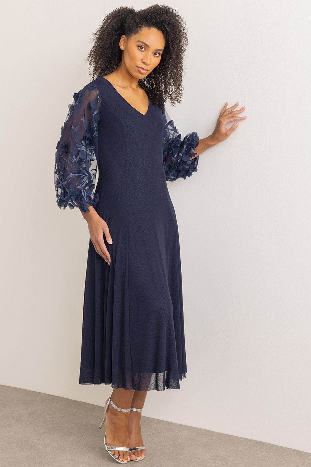 Klass. Klass. Women's Floral Applique Puff Sleeve Midaxi Mesh Dress in Navy - 2