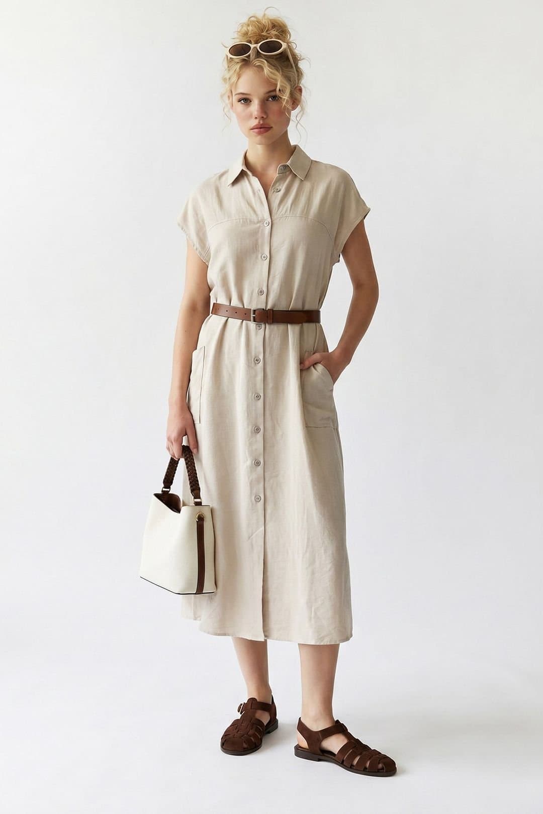 MixRay MixRay Women's Belted Midi Shirt Dress in Beige