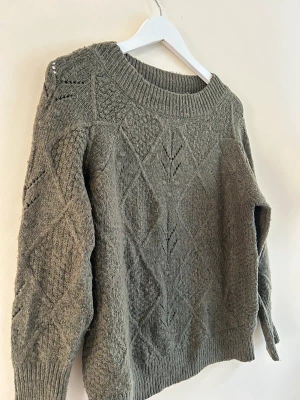 M&S Collection 🖤M&S Collection Khaki Grey Cable Knit Jumper Medium Chunky Textured Crew Neck Cosy Sweater🖤