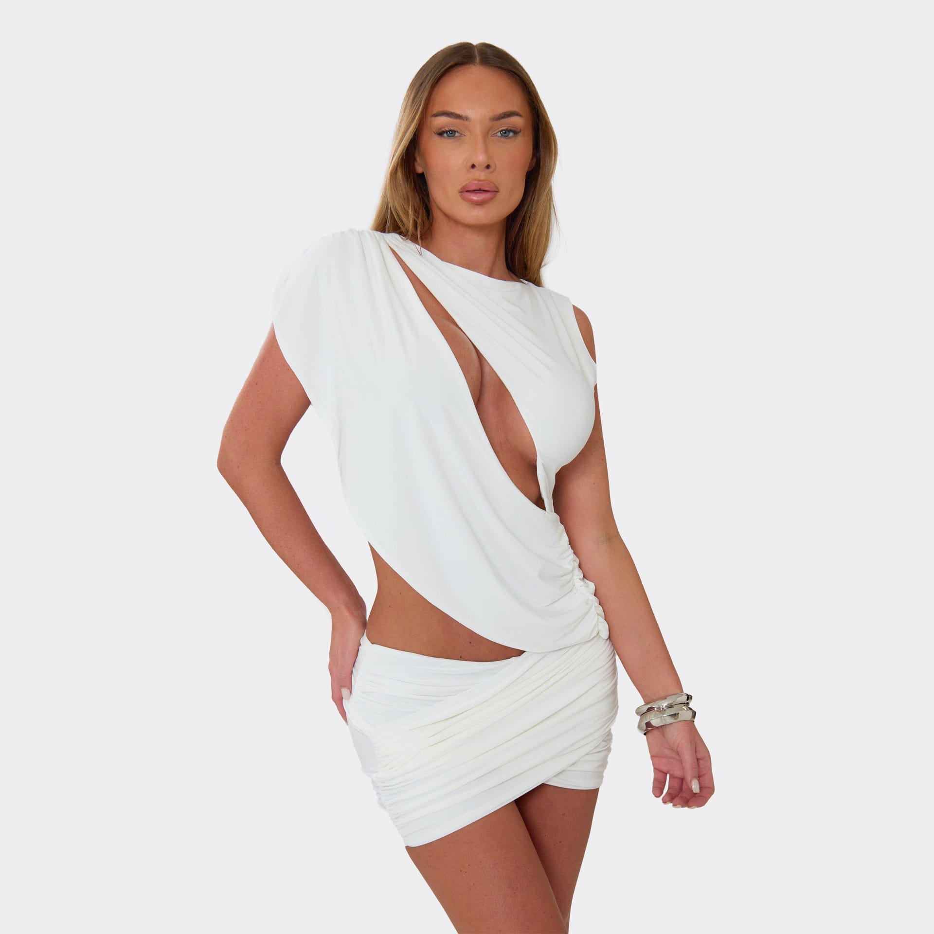 EGO Cream One Shoulder Cut Out Drape Detail Top