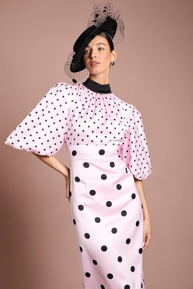 Coast Coast Women's Lisa Tan Puff Sleeve High Neck Spot Satin Midi Dress in Pink - 2