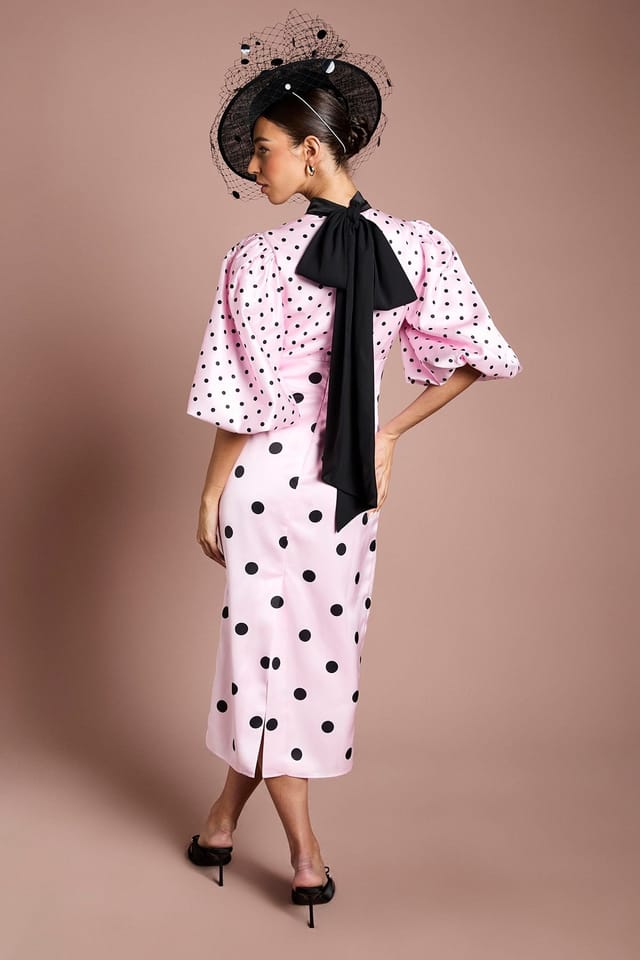 Coast Coast Women's Lisa Tan Puff Sleeve High Neck Spot Satin Midi Dress in Pink - 3