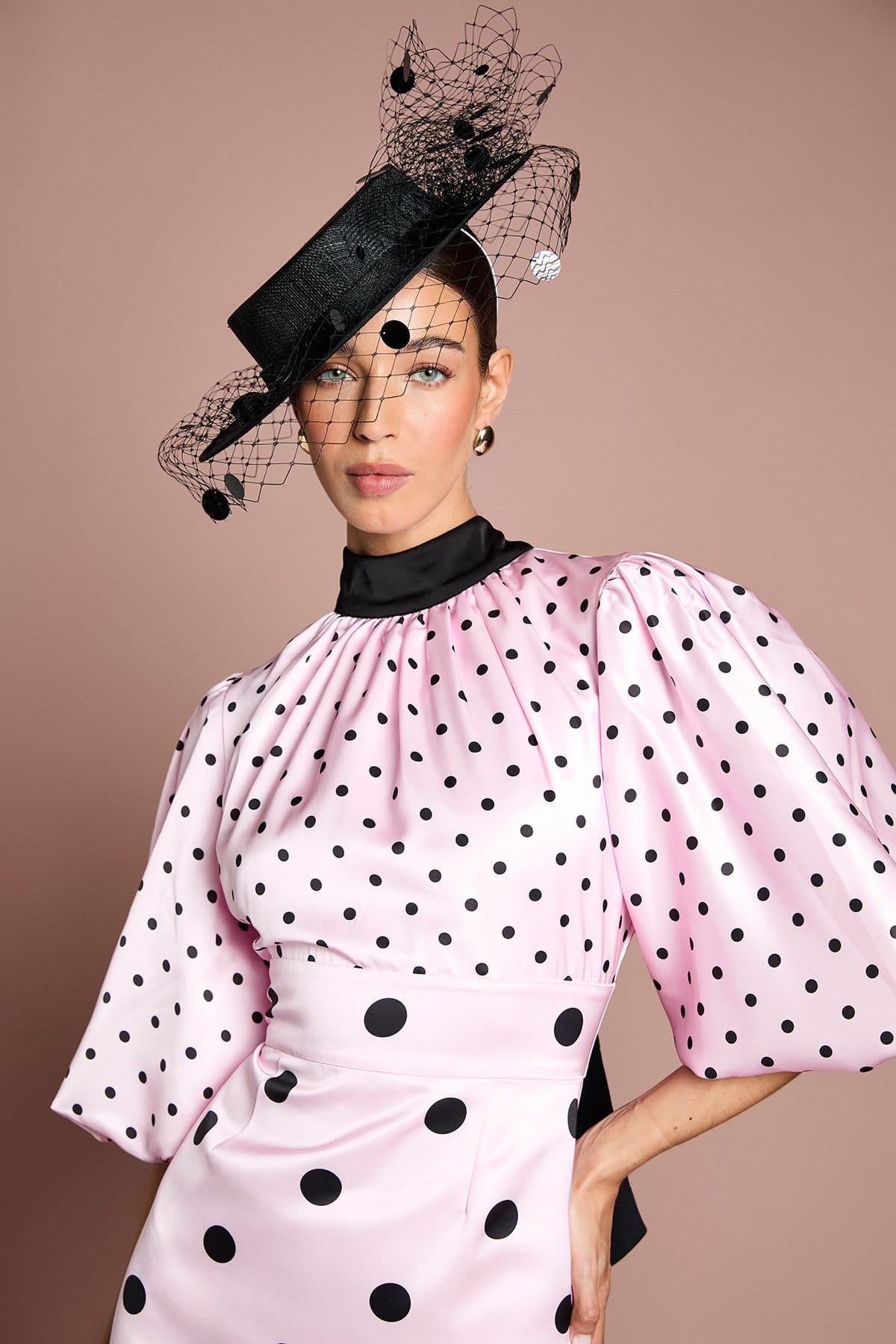 Coast Coast Women's Lisa Tan Puff Sleeve High Neck Spot Satin Midi Dress in Pink - 4