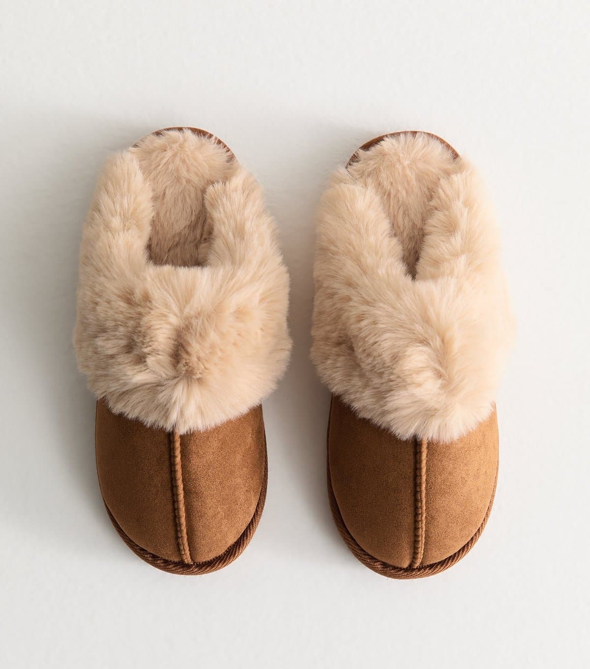 New Look New Look Tan Faux Suede and Faux Fur Trim Slippers